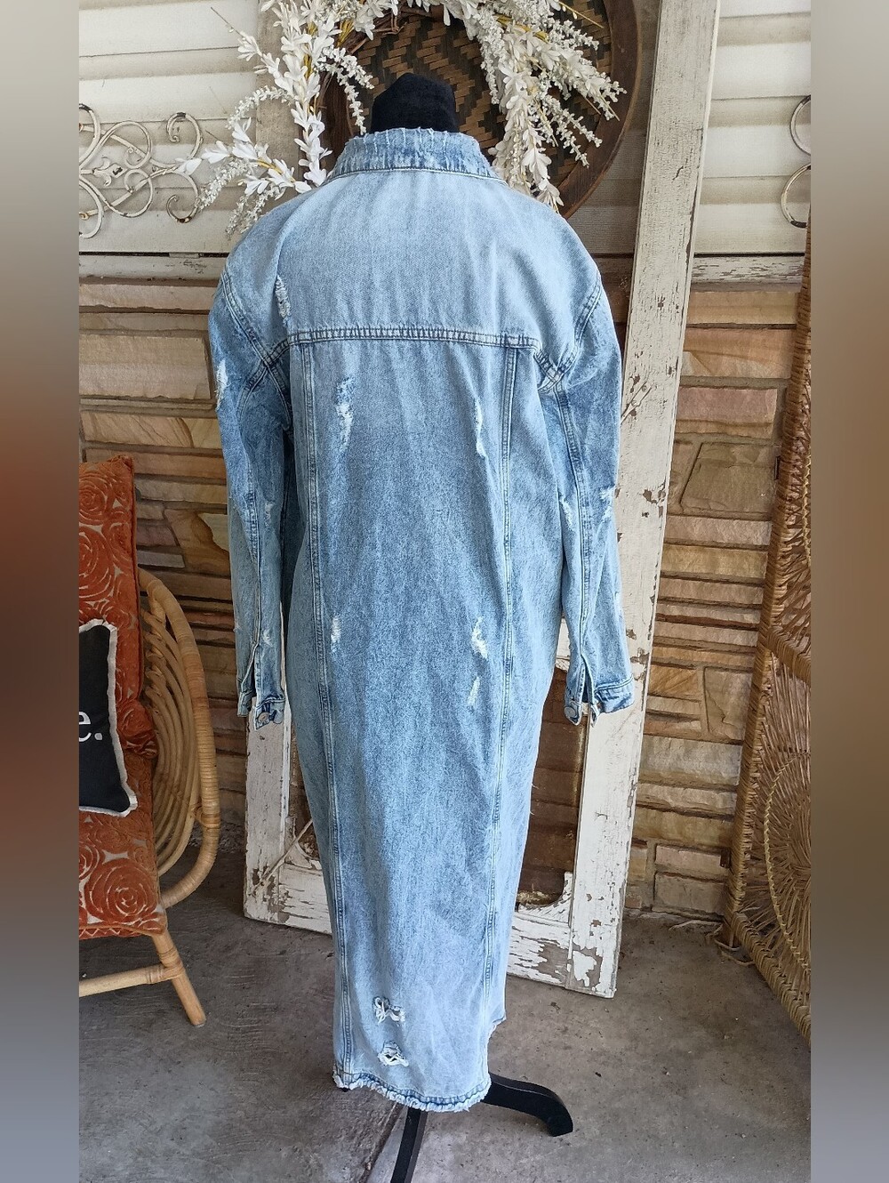 Highway Jeans 100% Cotton Long Light Wash Distressed Denim Trench Coat_L - Picture 6 of 8